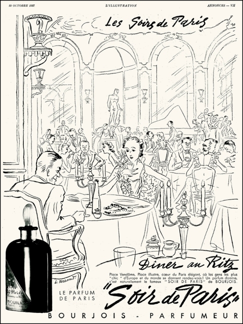 Illustrated by Louis Ferrand, Soir de Paris by Bourjois, Ritz Paris, L'Ilustration, 1937