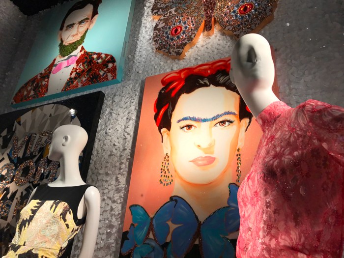 BRIGHT IDEA: FRIDA KAHLO AND ABRAHAM LINCOLN MAKE GLITTERY CAMEO APPEARANCES WITH A FLOURISH OF RED IN ASHLEY LONGSHORE’S ART AT BERGDORF (PHOTO BY THEADORA BRACK)